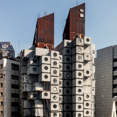 View of Nagakin Capsule Tower from Ginza in Tokyo
