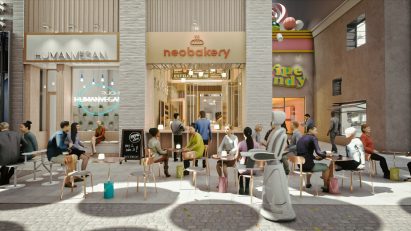 Renders of cafes in proposal for New York's Flower District