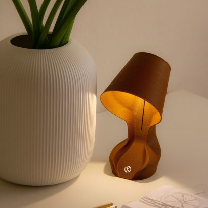 an ohmie lamp next to a plant pot