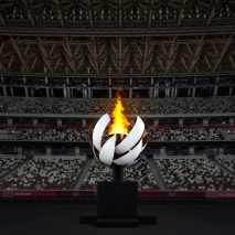 Spherical Olympic cauldron with hydrogen-powered flame by Nendo