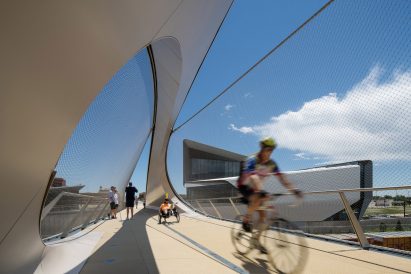 Pedestrians and cyclists using Park Union Bridge in Colorado Springs