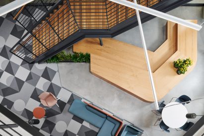 Perkins&Will designed the large metal staircase