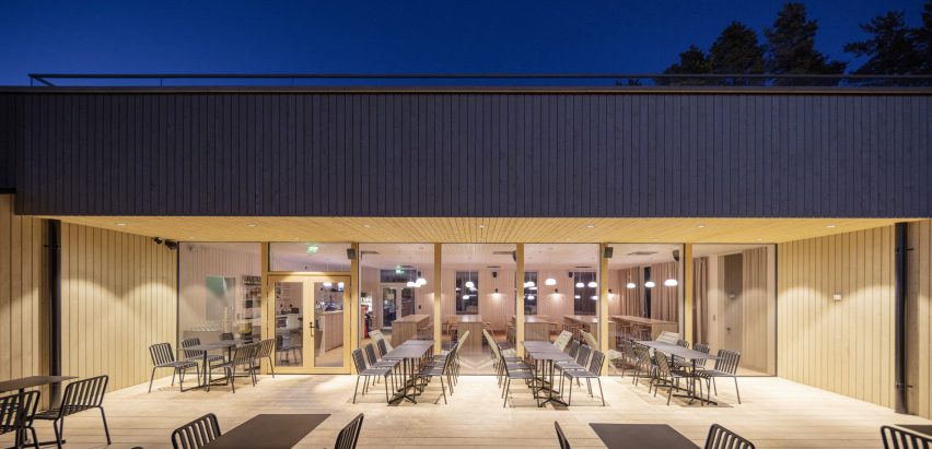 A restaurant with a wooden terrace