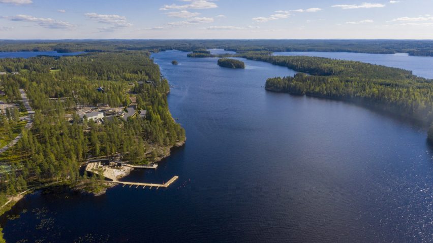 An aerial view of a lake in Finland