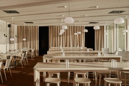 A wood-lined restaurant interior