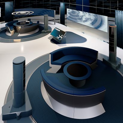 An overhead view of the virtual news studio