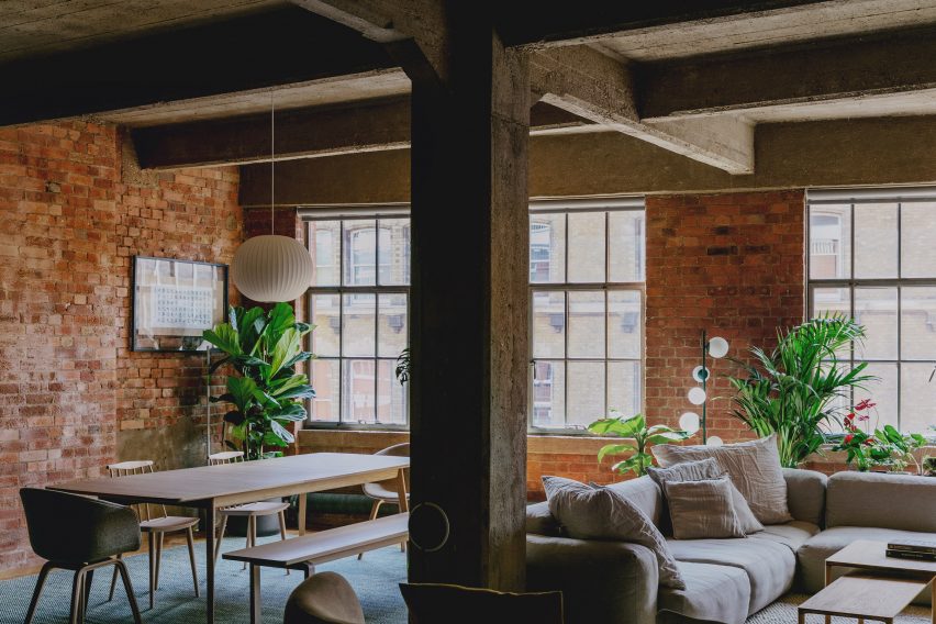 Living space in St John Street warehouse apartment by Emil Eve Architects