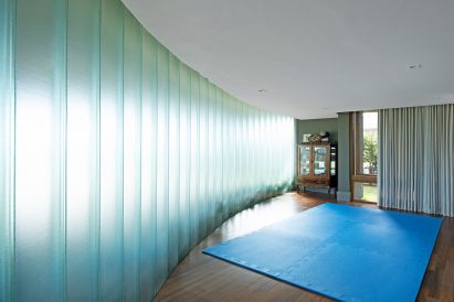 The yoga studio has wooden flooring