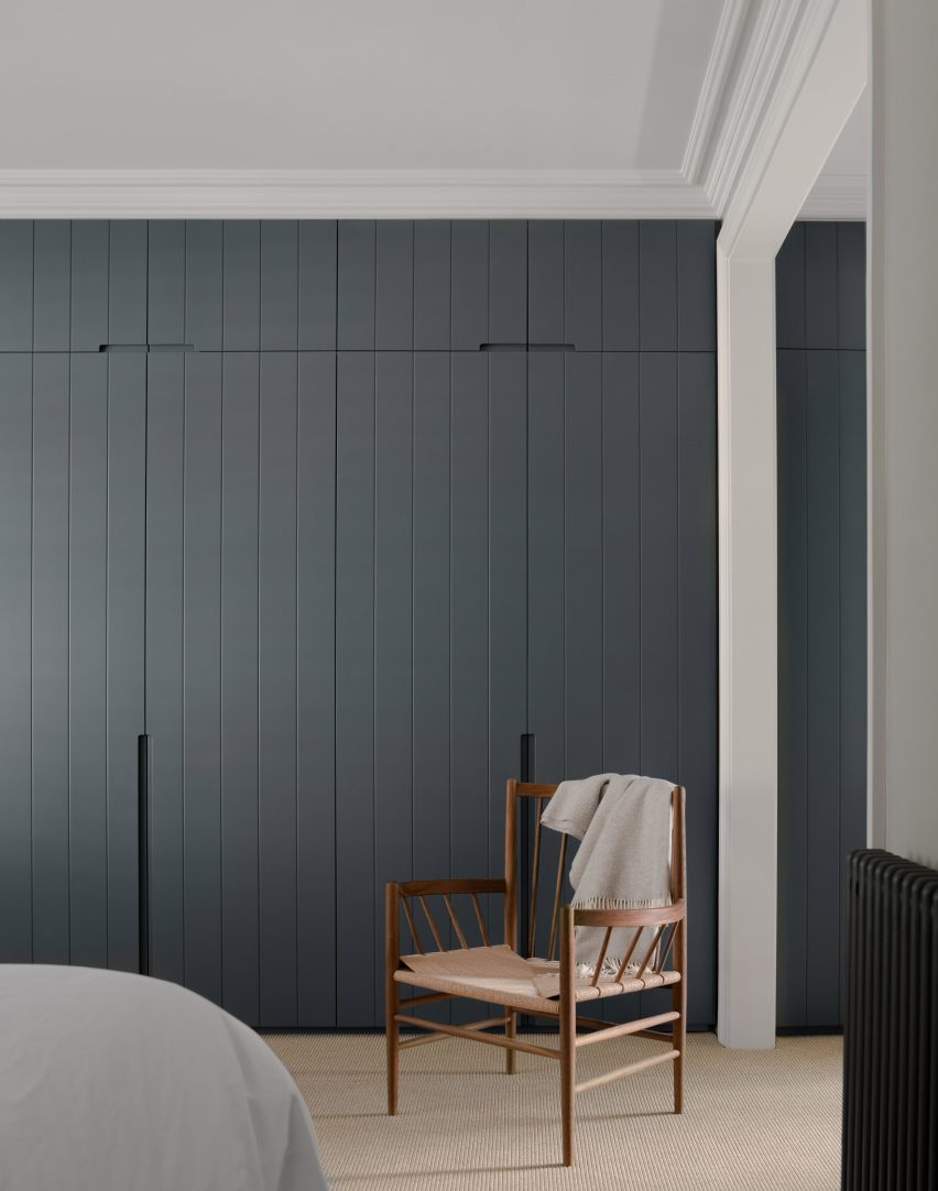 Bedroom with built-in cabinets, T-House by Will Gamble Architects