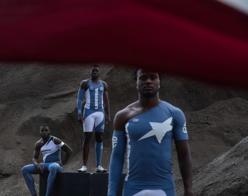 Athletes wearing the blue and white Telfar Olympic uniforms