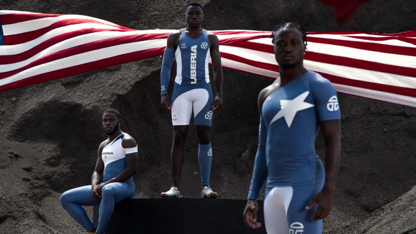 Three athletes wearing blue and white Telfar olympics uniforms