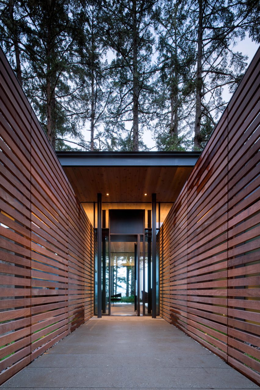 Wooden slats entrance to beach home Tofino Olson Kundig