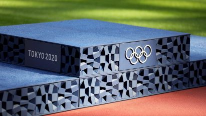 Close-up of Tokyo 2020 Olympic pedestals with rings