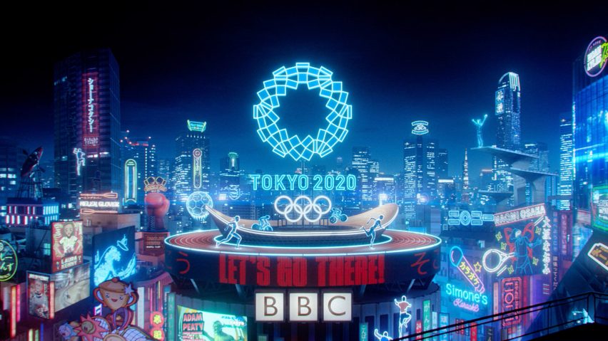 Rooftop and lights in final scene in BBC trailer for Tokyo 2020 Olympics produced by Factory Fifteen and Nexus Studios