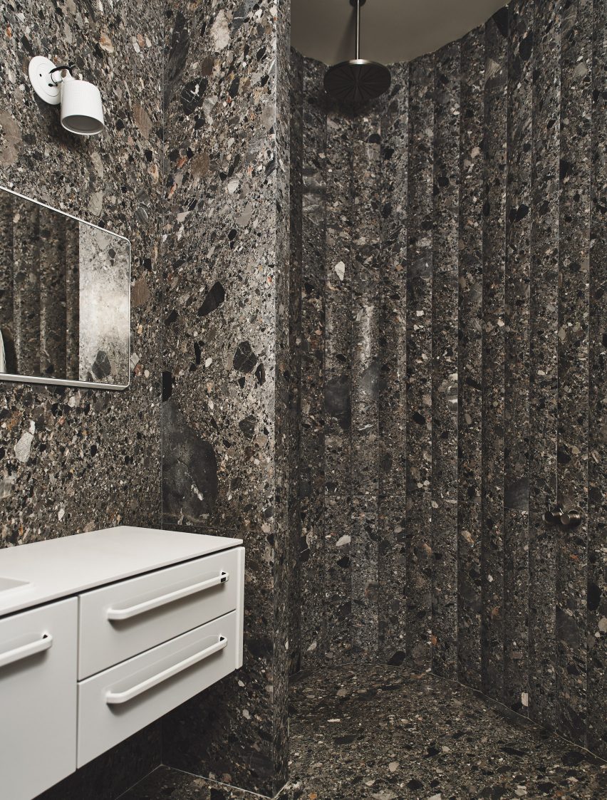 Scalloped shower in the bathroom