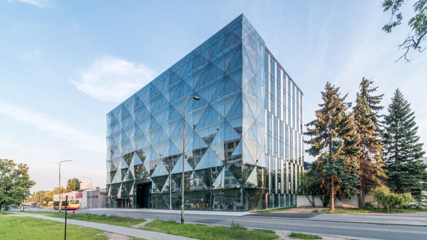 A photograph of glass building