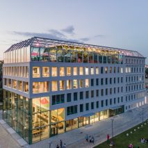 A photograph of glass building