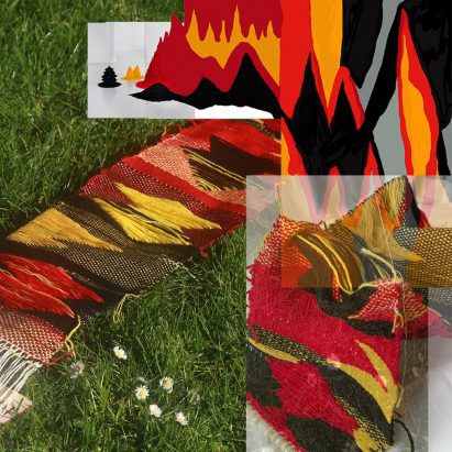 A textile project with red and white patterns