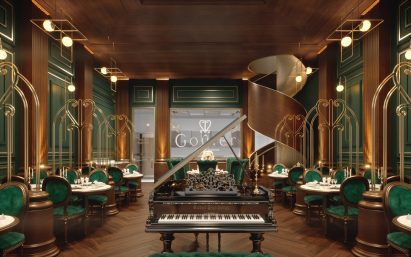 A Luxury French Restaurant With Art-Deco and green velvet aesthetic