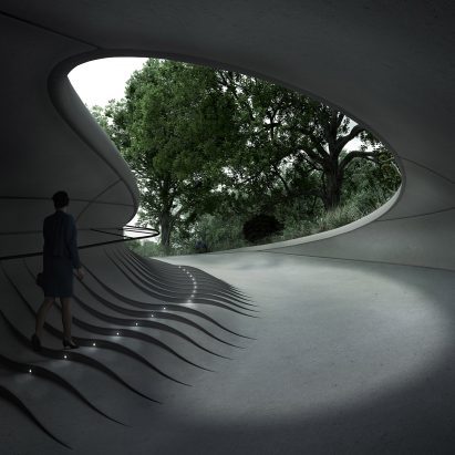 A render of the concrete showroom