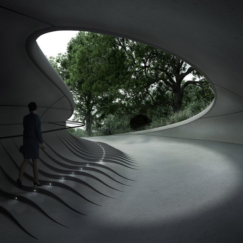 A render of the concrete showroom