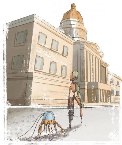 Two robots walking down a street