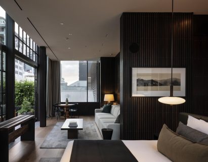 Hotel suite with wood panelling
