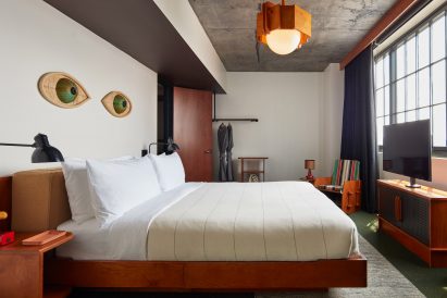 Hotel room with artworks