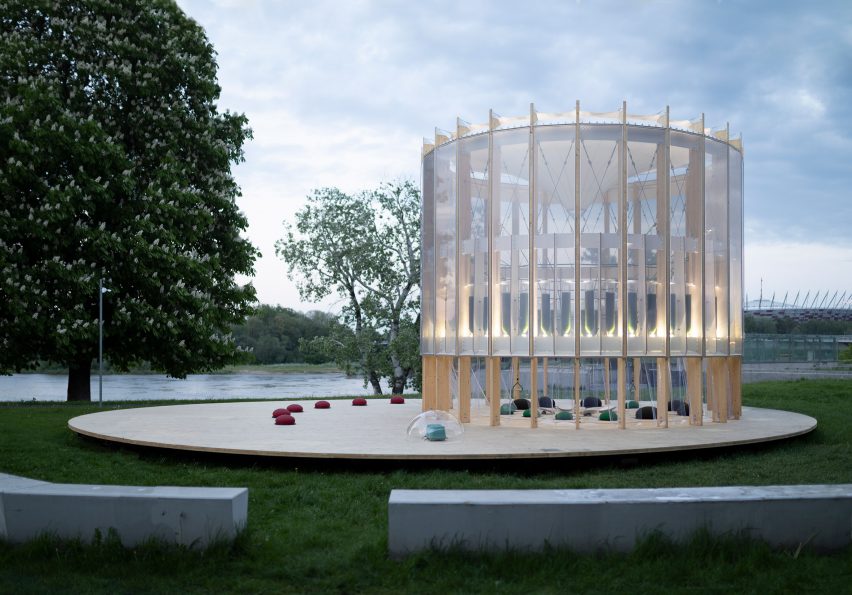 Circular timber AirBubble exterior wrapped in EFTE member