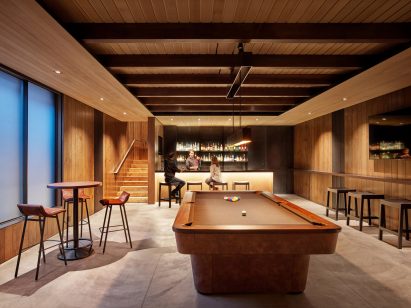 The pub features tables made from repurposed wood