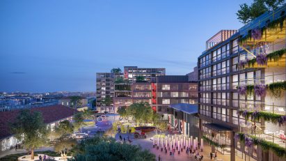 Rendering of Campo Urbano at dusk showing green walls, public art installations and plazas