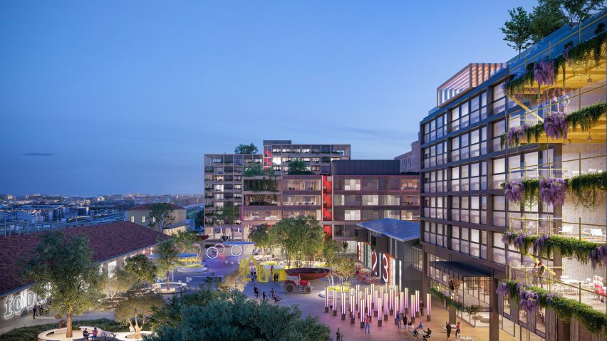 Rendering of Campo Urbano at dusk showing green walls, public art installations and plazas