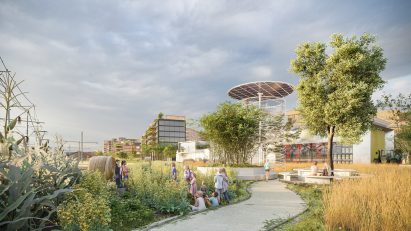 Rendering of green space within the Campo Urbano development showing people relaxing among crops