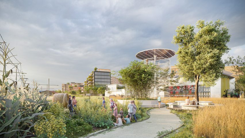 Rendering of green space within the Campo Urbano development showing people relaxing among crops