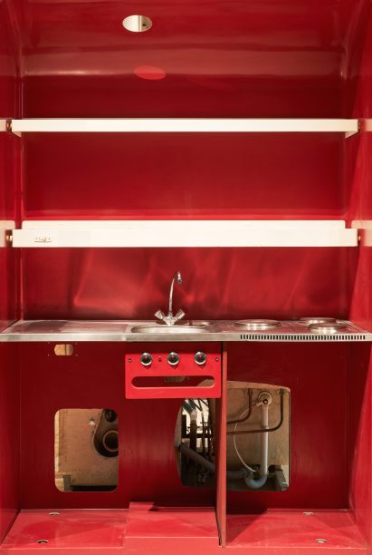 A red prefabricated kitchen