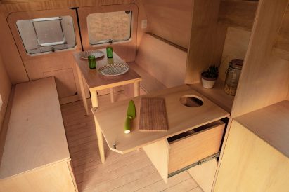 Wooden counter tops inside the caravan