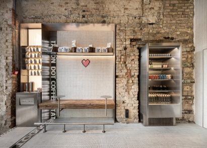 Stainless steel accents feature in the coffee bar