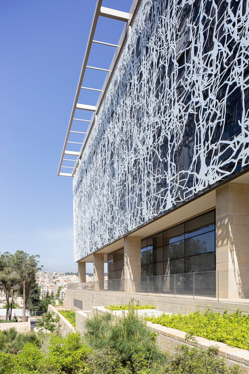 A facade with metal screens
