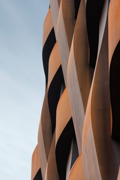 Close up of Corten steel panels in basket-weave effect