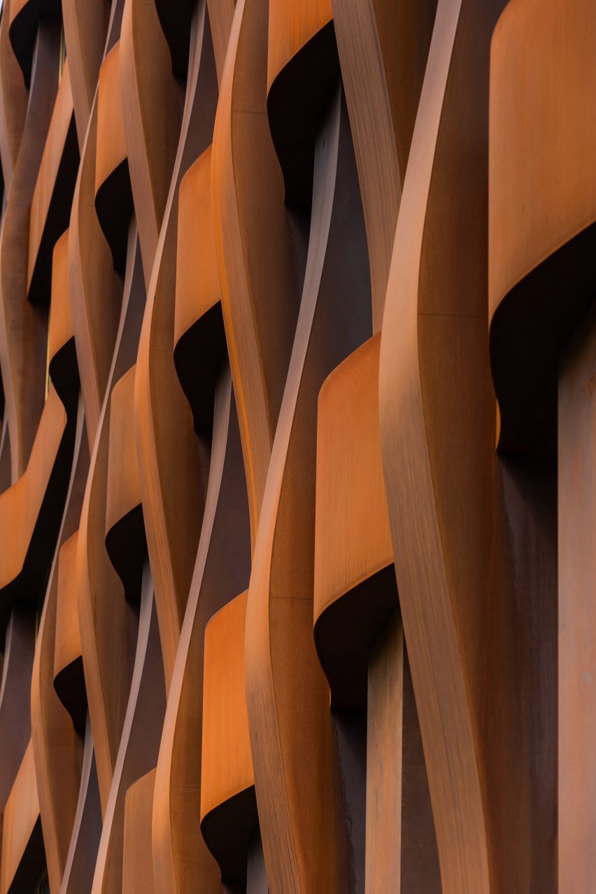 Close up of Corten steel panels in basket-weave effect