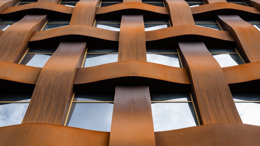 Close up of Corten steel panels in basket-weave effect