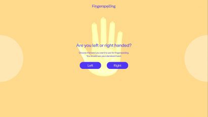 Fingerspelling.xyz set-up screen prompting users to choose whether they are right- or left-handed