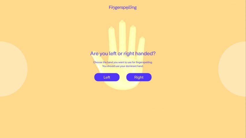 Fingerspelling.xyz set-up screen prompting users to choose whether they are right- or left-handed