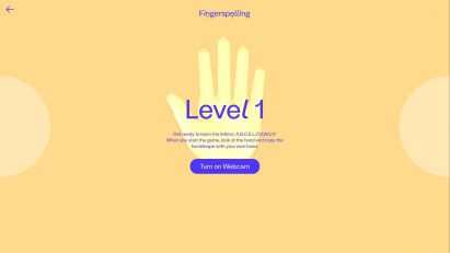 Fingerspelling.xyz level-one home screen giving instructions to look at the hand on screen and copy its hand shape
