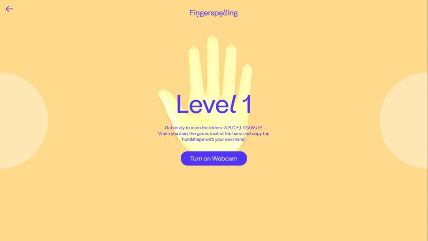 Fingerspelling.xyz level-one home screen giving instructions to look at the hand on screen and copy its hand shape