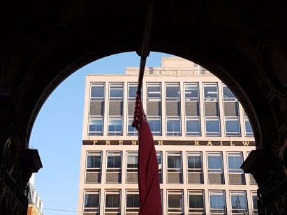Modernist building as seen from the Royal Academy in London