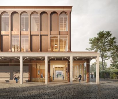 A entrance building with a timber structure