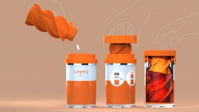 Three orange Looop cans washing sanitary pads