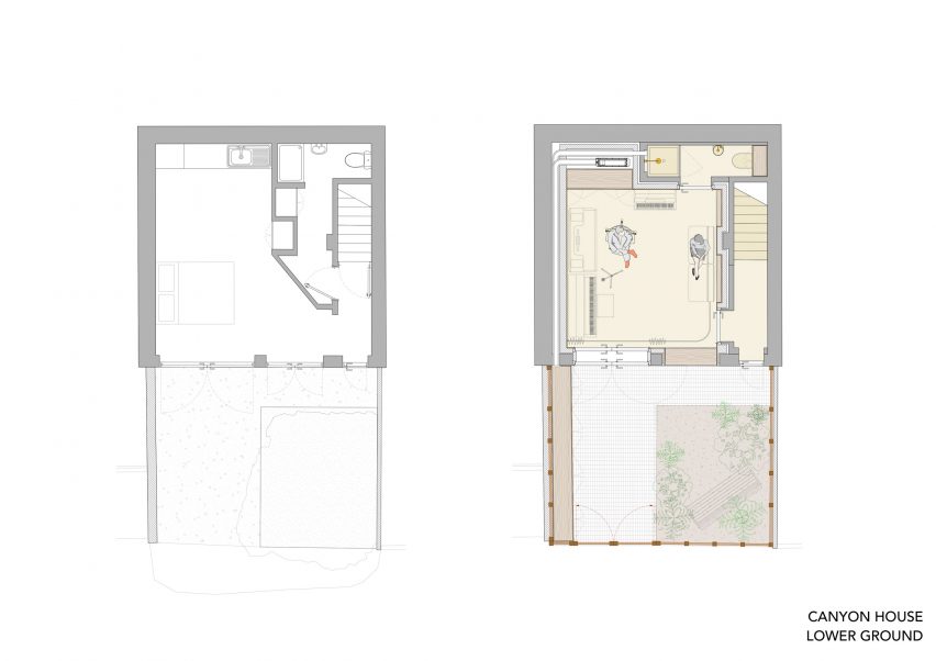 Lower ground floor plans before and after