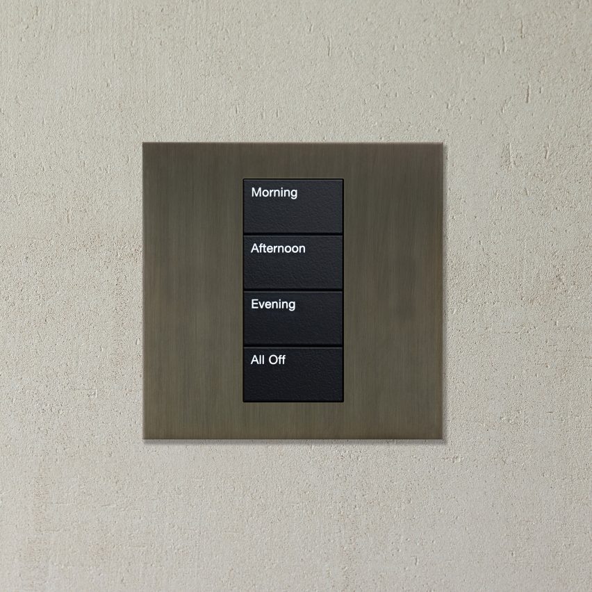 A metallic lighting control with four switches: morning, afternoon, evening and all off